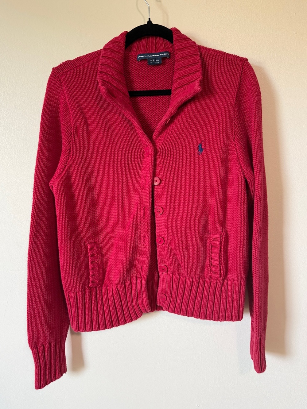 Vintage Ralph Lauren Sport 100% cotton red chunky collared cardigan FITS SZ S/M